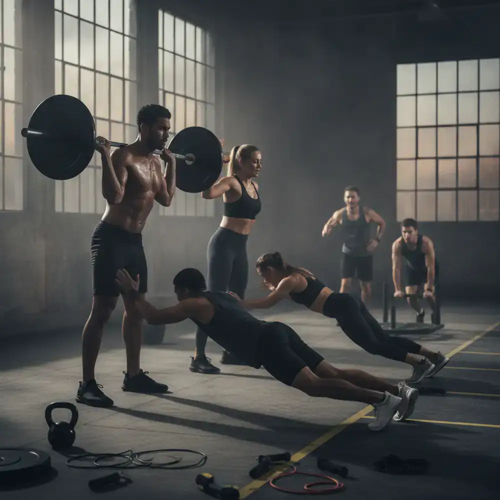 Group of athletes training together and supporting each other