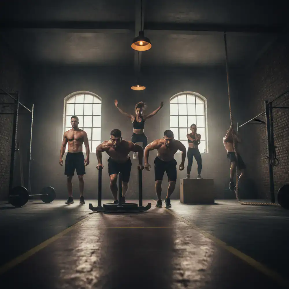 Group of athletes training together in a high energy gym environment