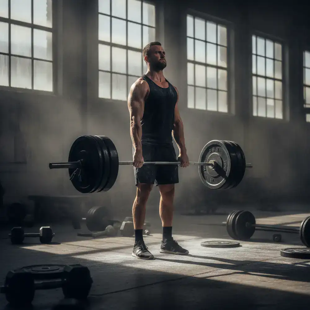 An athlete successfully completing a heavy deadlift with good form