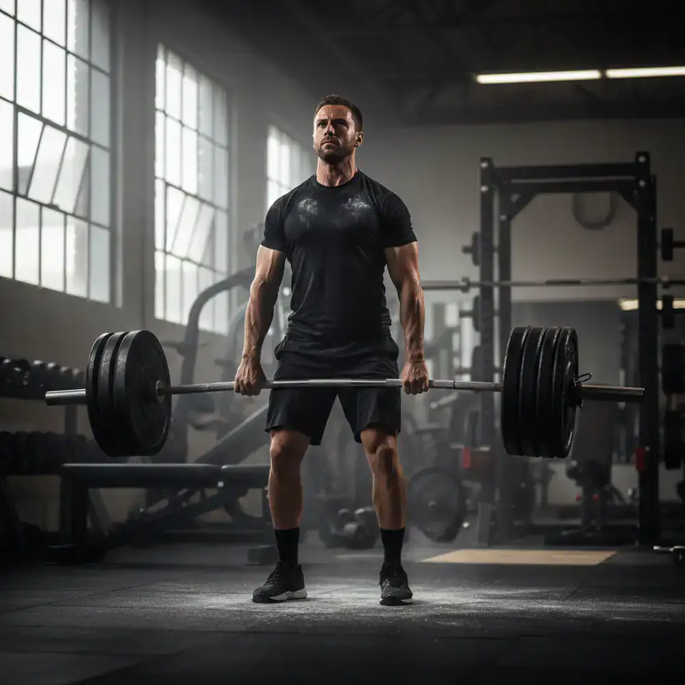 Athlete performing a heavy deadlift in a professional gym