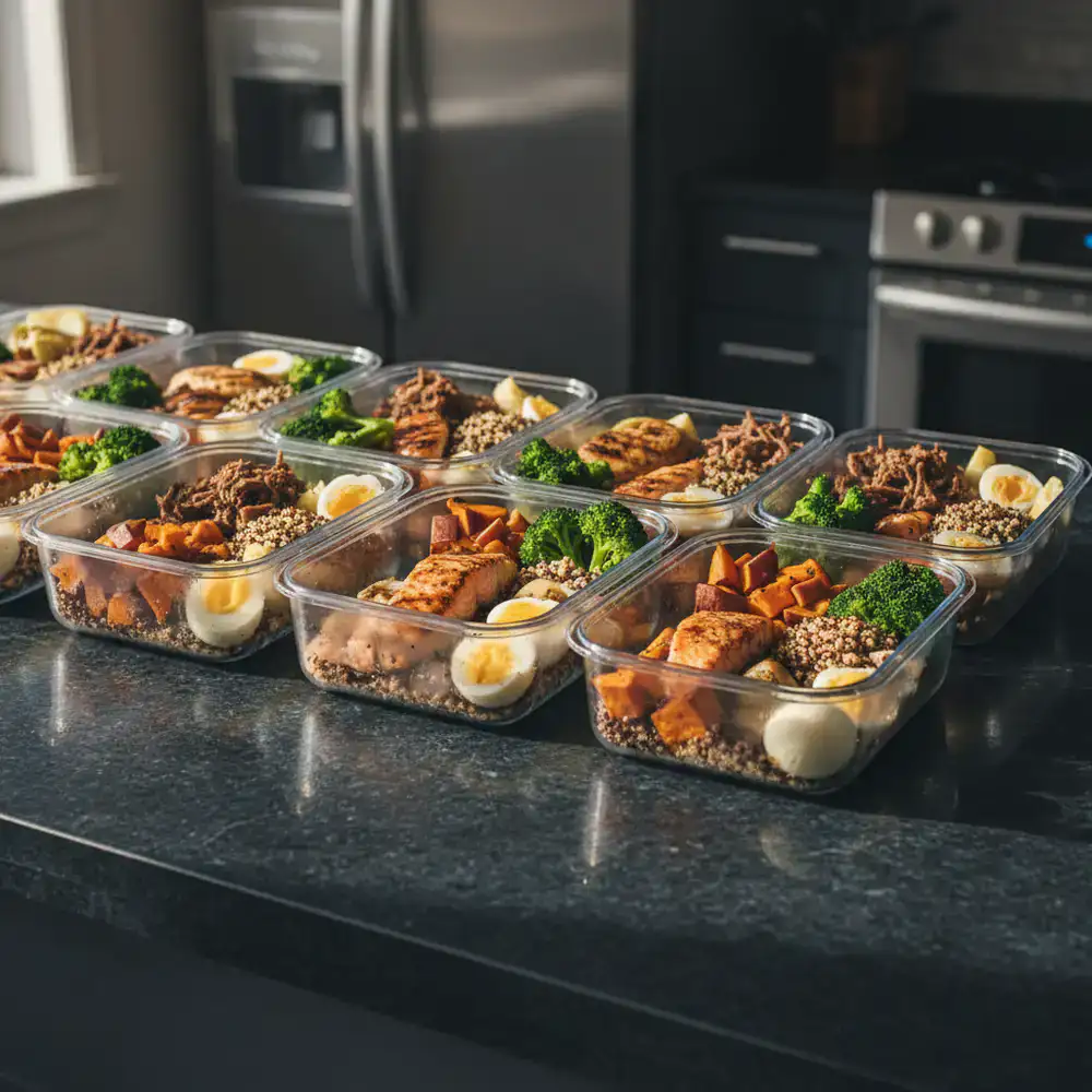 High protein meal prep containers laid out on a dark surface