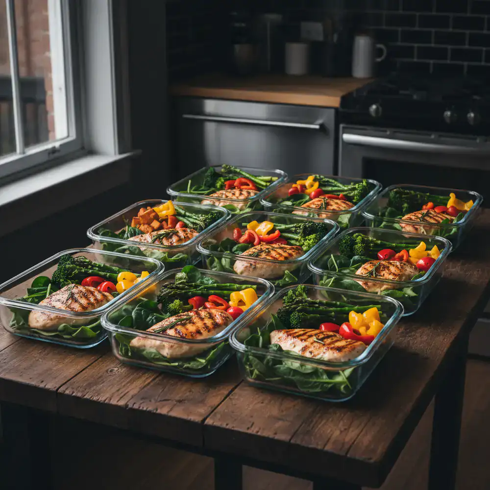 Healthy meal prep containers with lean protein and fresh vegetables