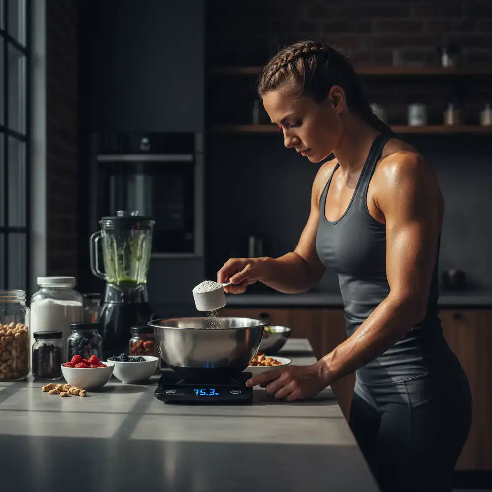 Athlete measuring ingredients on a digital kitchen scale