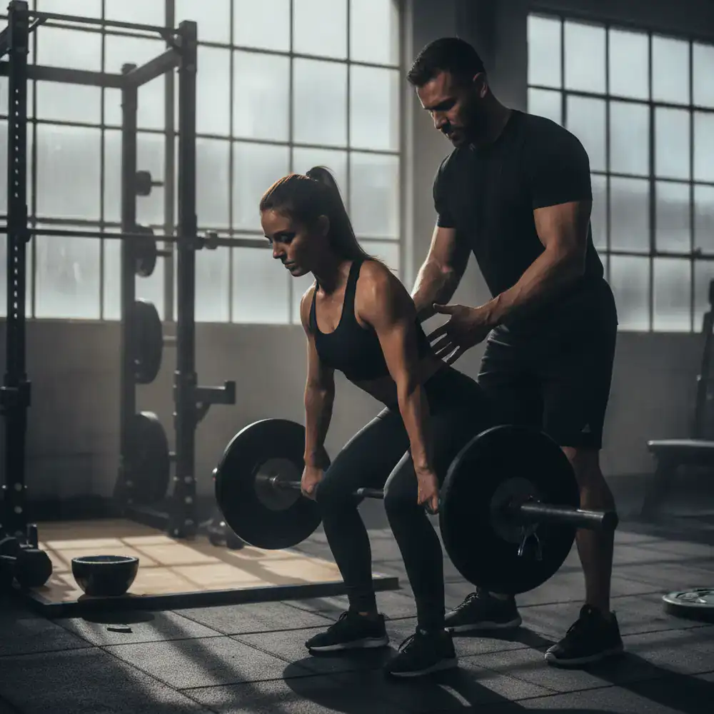 Coach guiding an athlete on proper lifting posture