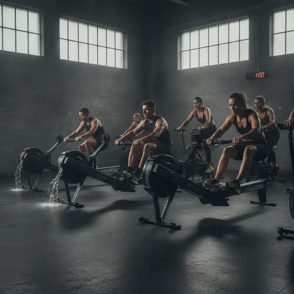 Athletes performing high-intensity interval training on rowers and bikes
